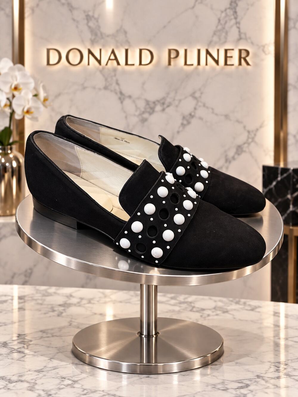 Donald J Pliner Helene Black Suede White Studded Loafers Size 7N